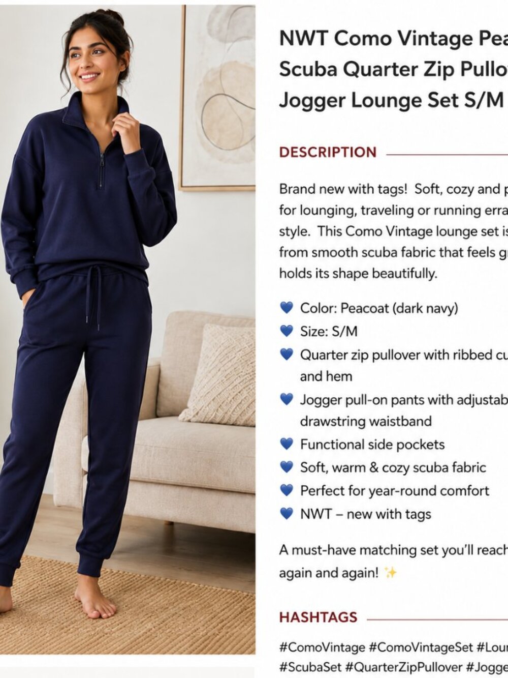 Como Vintage Peacoat Scuba Quarter Zip Jogger Lounge Set S/M - Picture 2 of 9